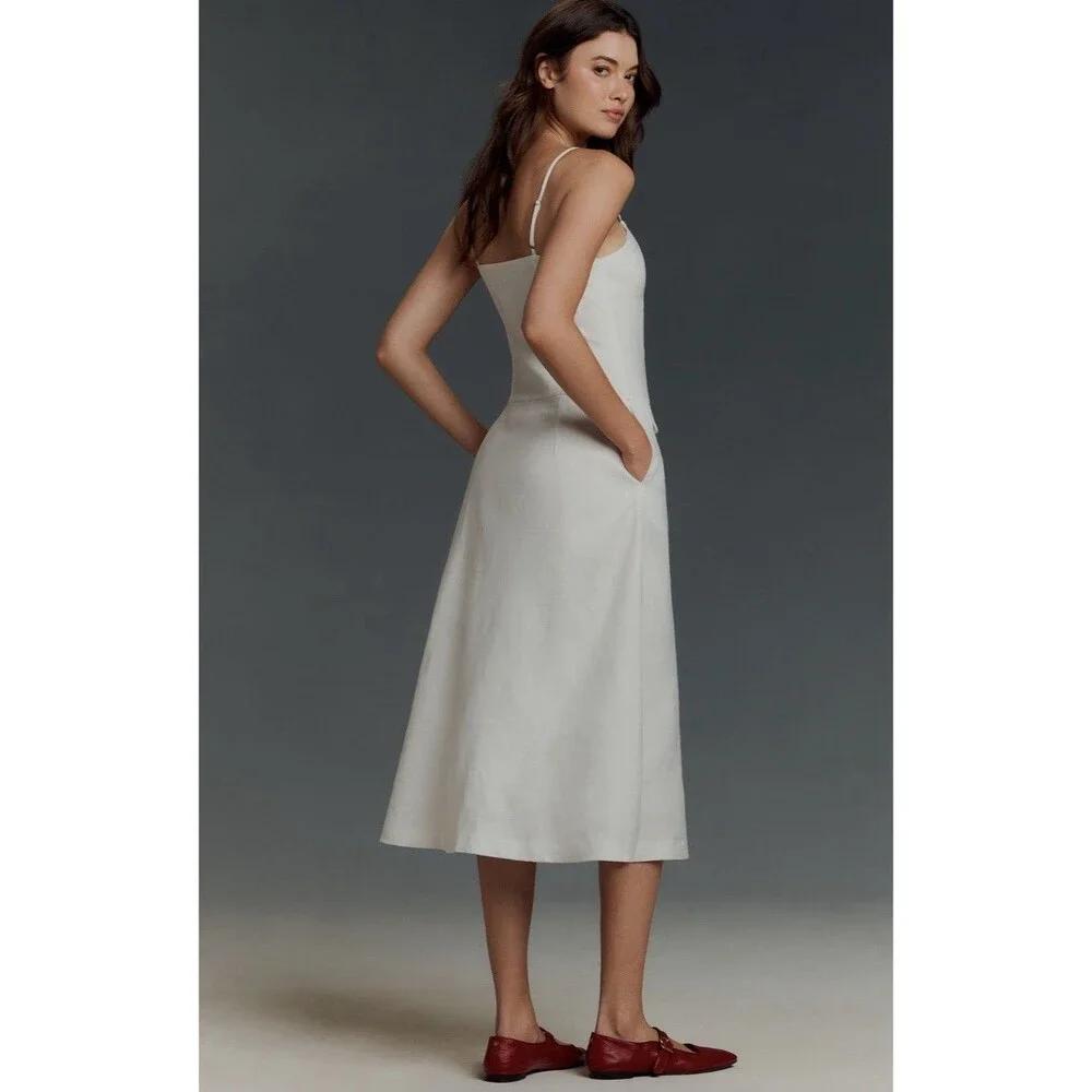 Anthropologie Endless Rose Midi Dress White Linen Sleeveless V Neck Size XS NWT